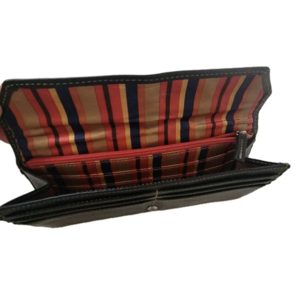 Vintage Black Leather Wallet with Snap Closure & Striped Lining